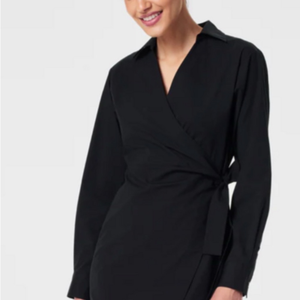 SPANX New The Best Poplin Wrap Dress Black Wrap Mini Dress